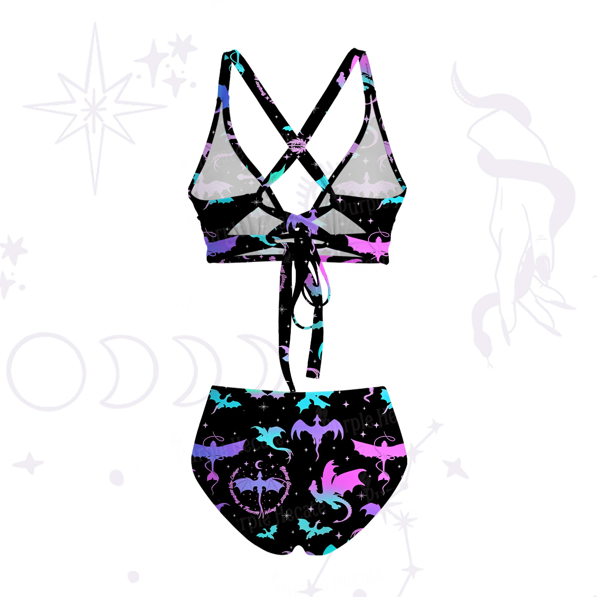 Purplehecate Neon Fantasy Dragon Allover Crisscross Tie-Back Bikini Set