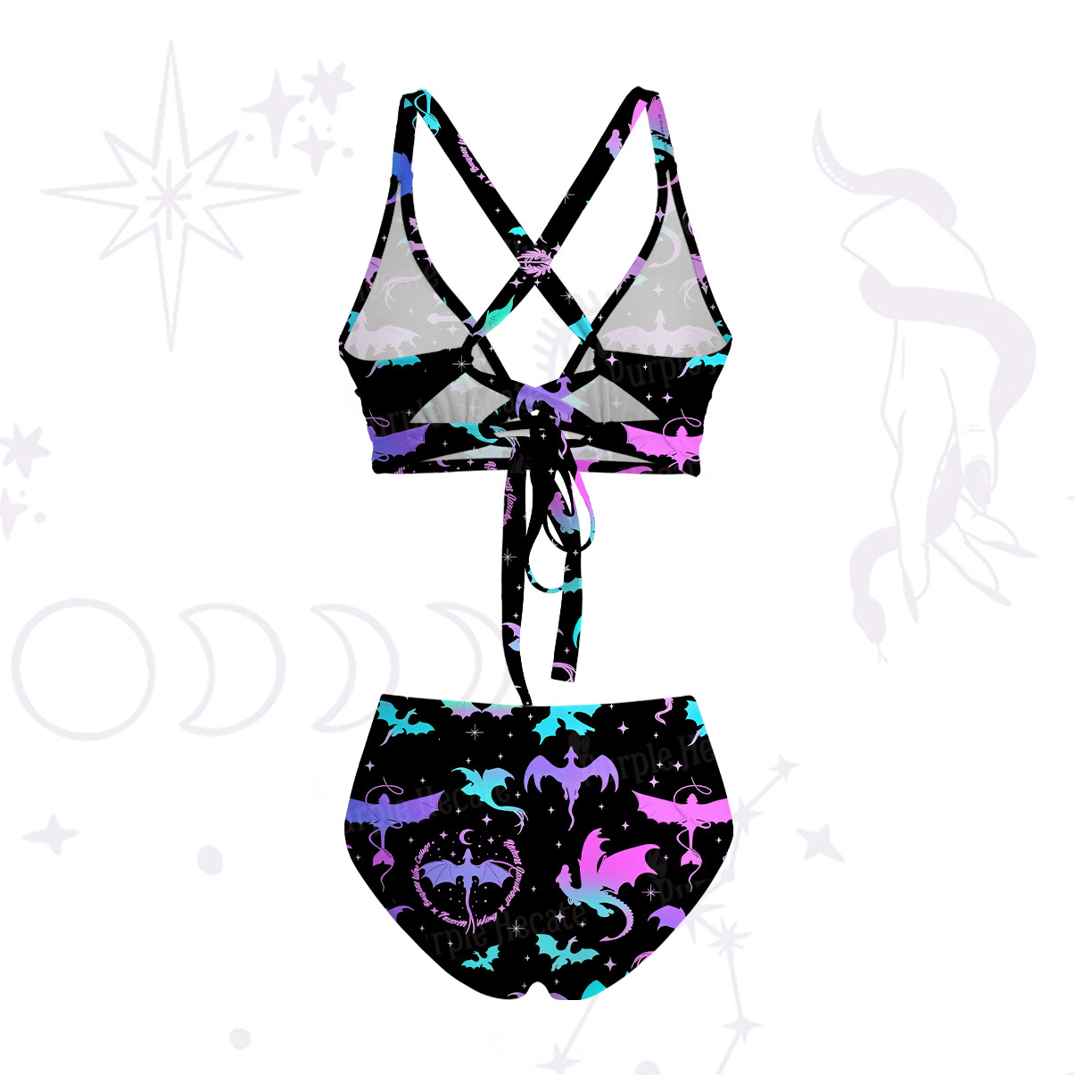Purplehecate Neon Fantasy Dragon Allover Crisscross Tie-Back Bikini Set