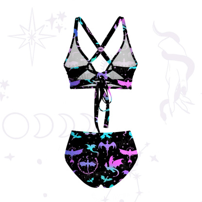 Purplehecate Neon Fantasy Dragon Allover Crisscross Tie-Back Bikini Set