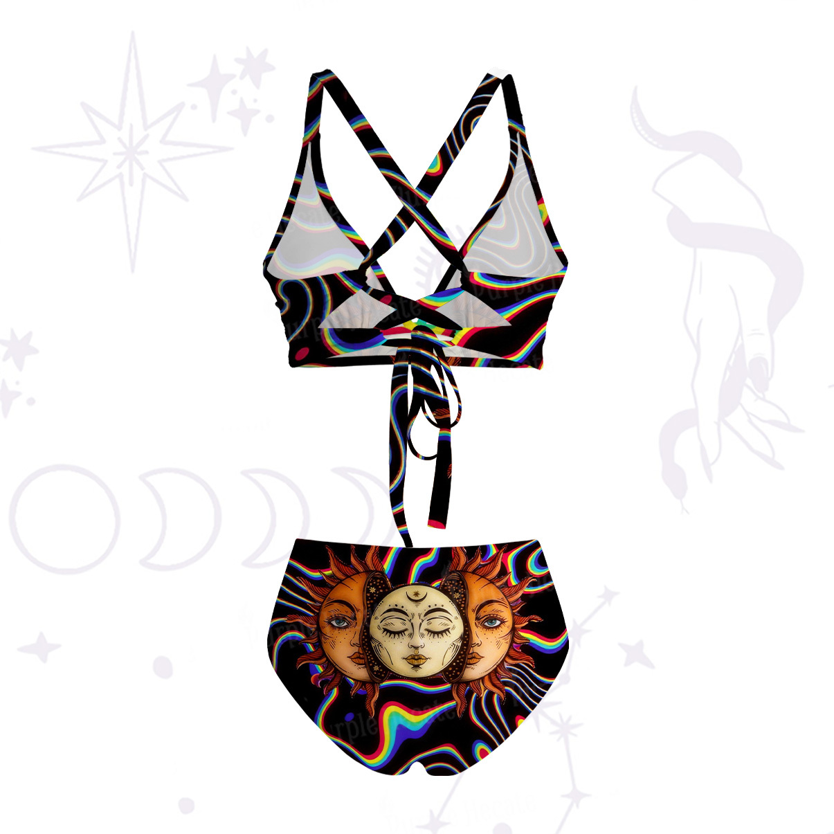 Purplehecate Psychedelic Sun and Moon Crisscross Tie-Back Bikini Set