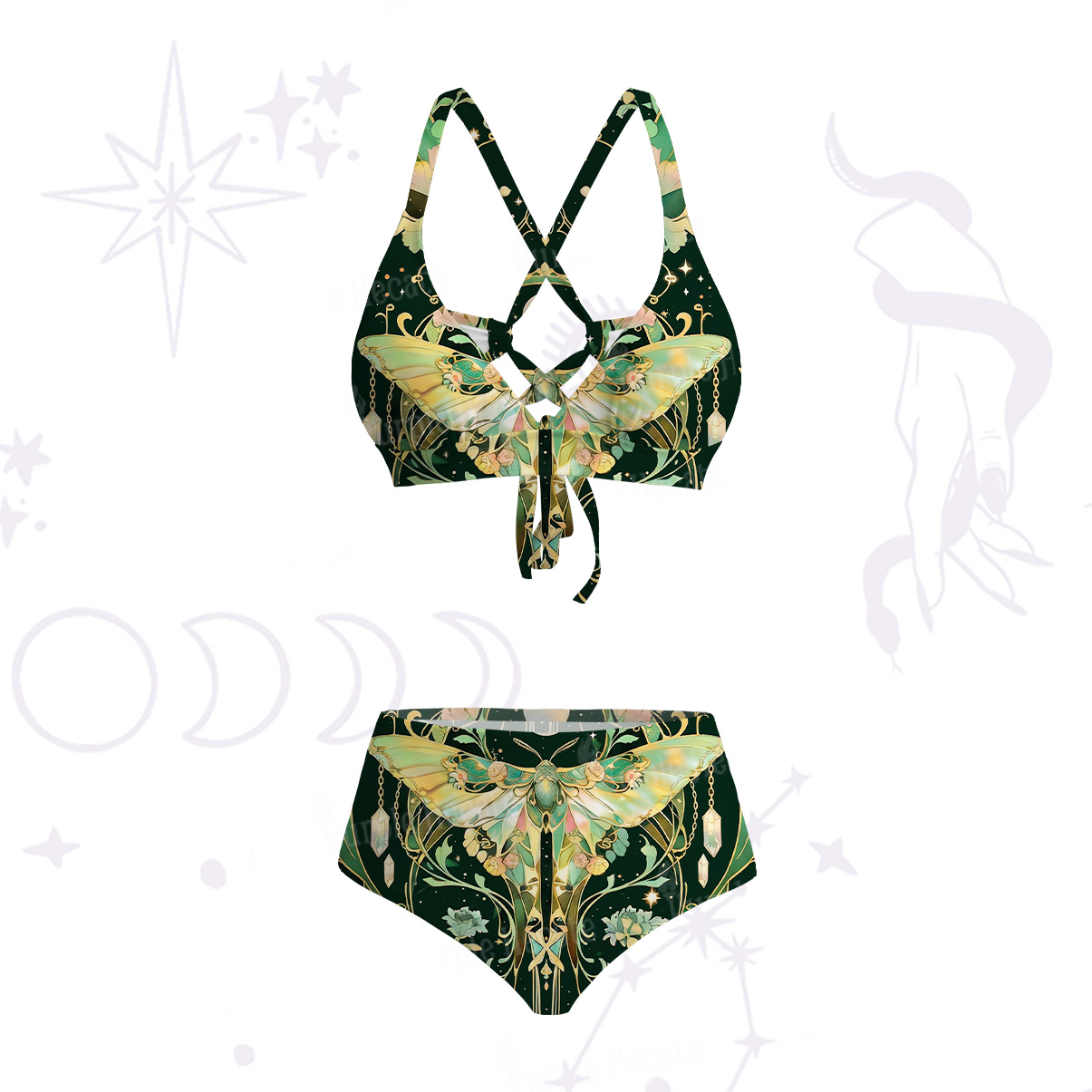 Purplehecate Moon Moth  Rave Crisscross Tie-Back Bikini Set