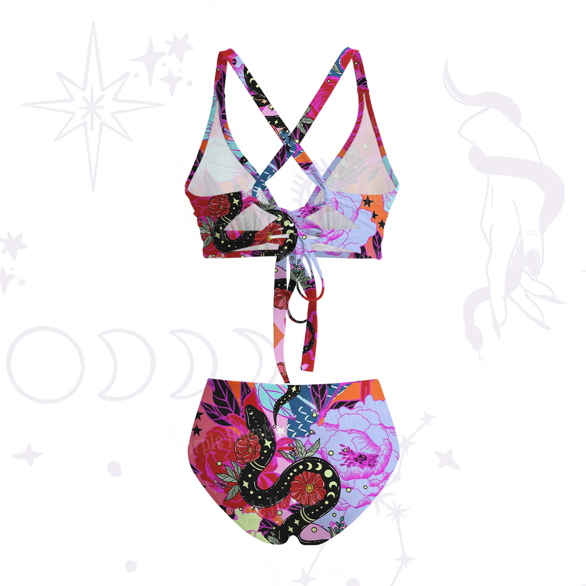 Purplehecate Enchanted Black Serpent & Floral Pattern Crisscross Tie-Back Bikini Set