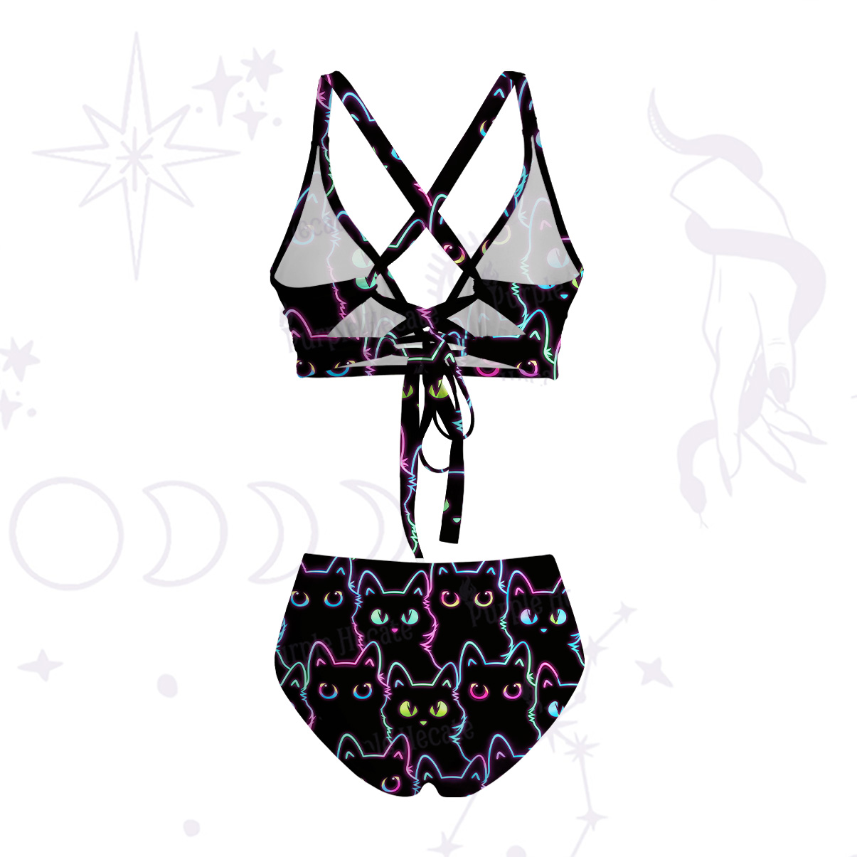 Purplehecate Neon Glow Stacked Cats Crisscross Tie-Back Bikini Set