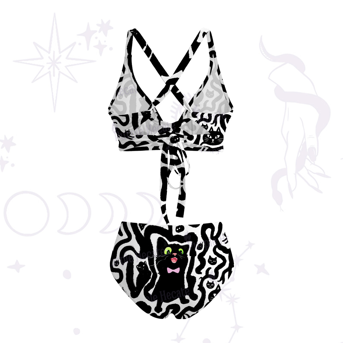 Purplehecate Whimsical Abstract Cat Crisscross Tie-Back Bikini Set