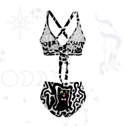 Purplehecate Whimsical Abstract Cat Crisscross Tie-Back Bikini Set