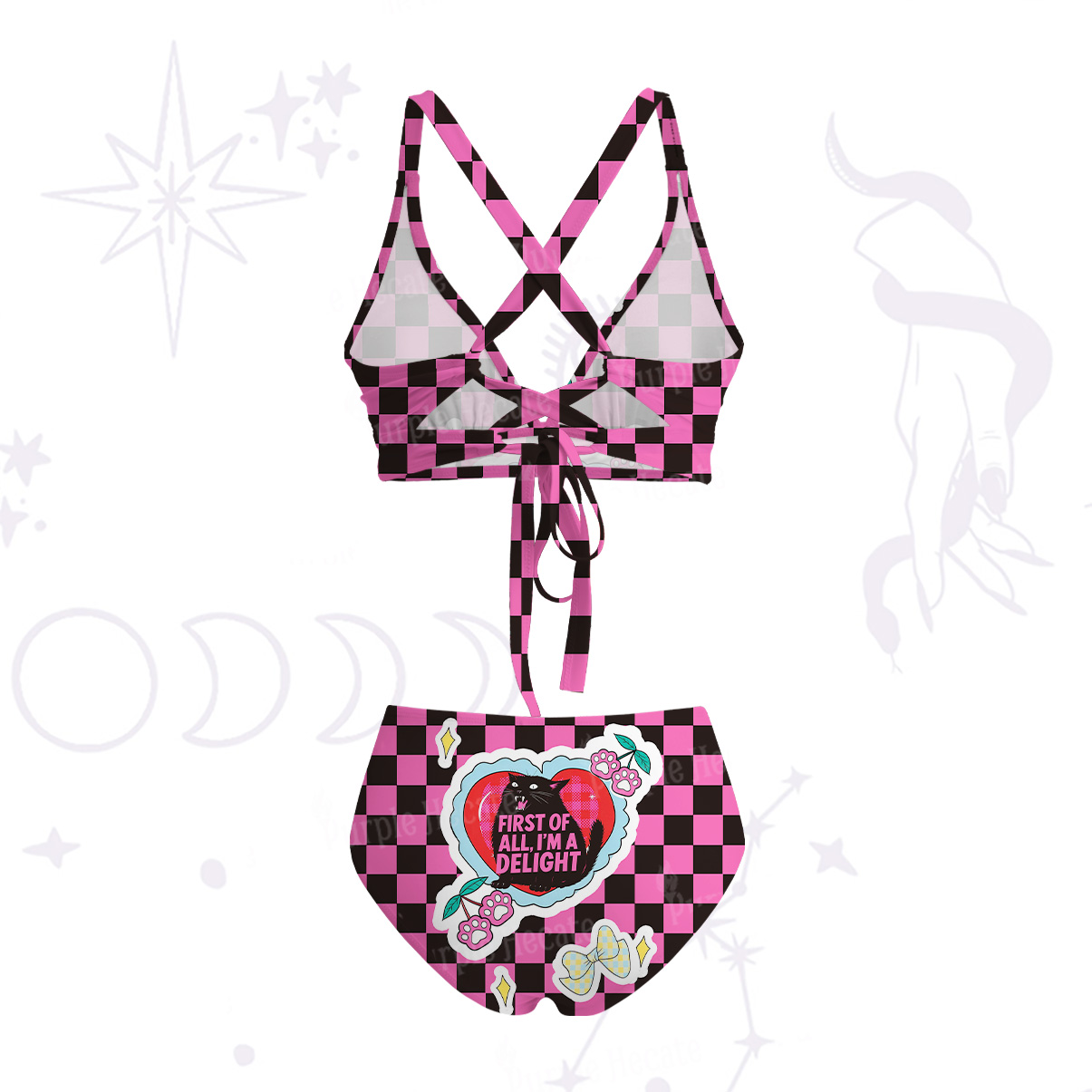 Purplehecate First Of All I'm A Delight Cat Crisscross Tie-Back Bikini Set