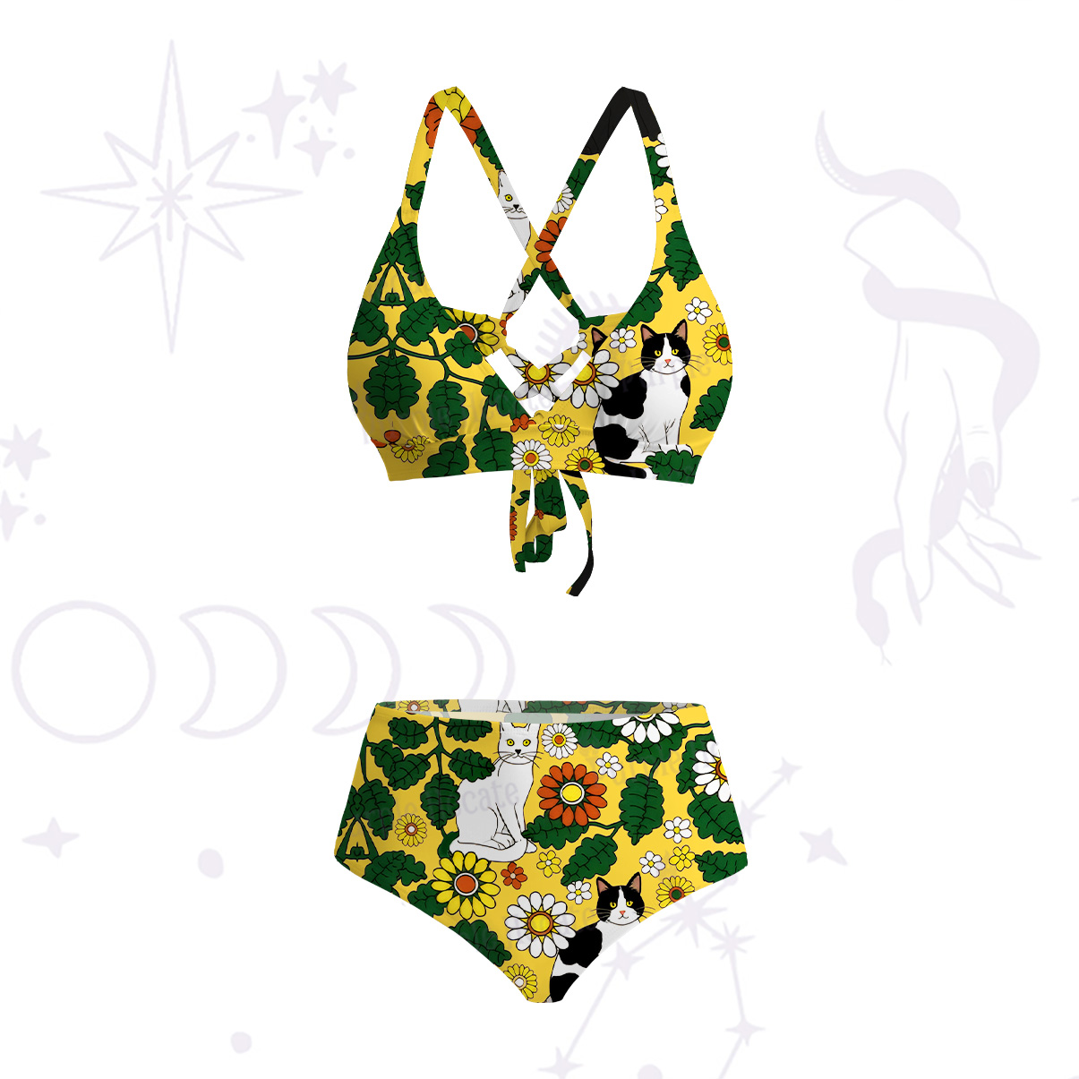 Purplehecate Daisy Cat  Garden Crisscross Tie-Back Bikini Set