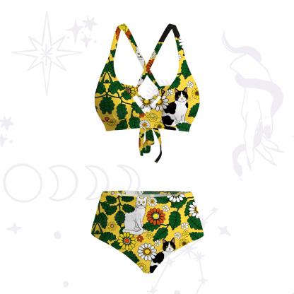 Purplehecate Daisy Cat  Garden Crisscross Tie-Back Bikini Set
