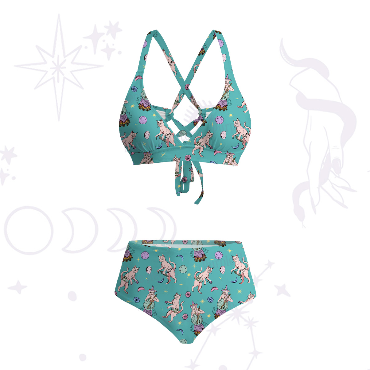Purplehecate Cat Coven Crisscross Tie-Back Bikini Set