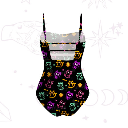Purplehecate Neon Cat Party Slim-Strap Swimsuit