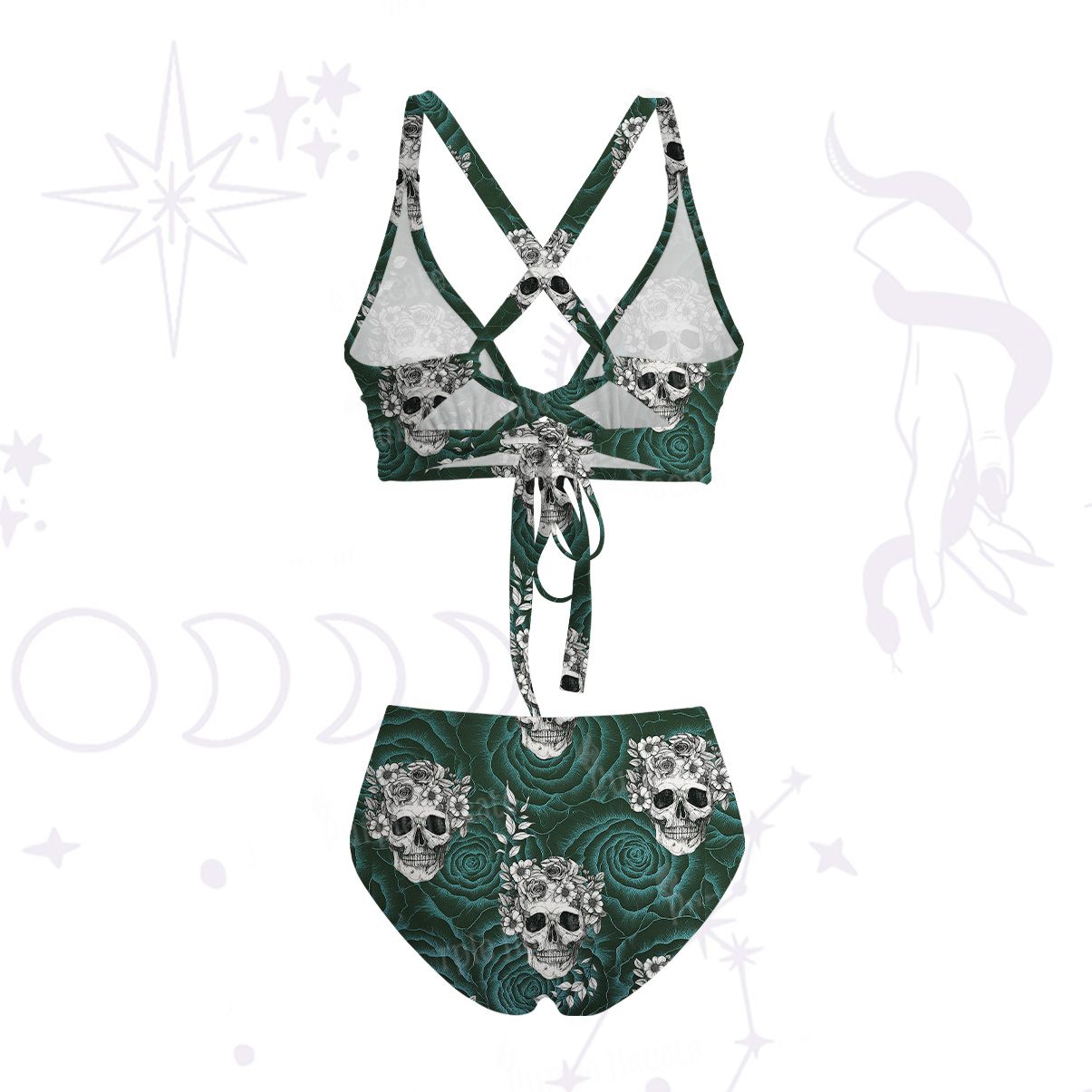 Purplehecate Rose Skull Crisscross Tie-Back Bikini Set