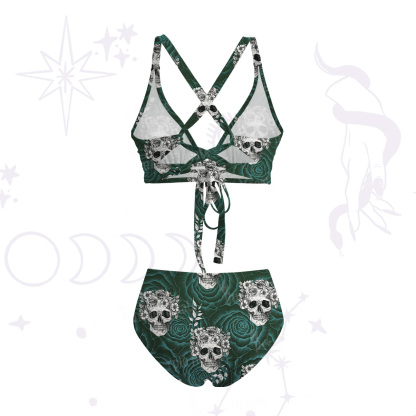 Purplehecate Rose Skull Crisscross Tie-Back Bikini Set