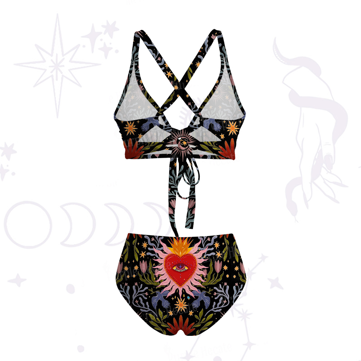 Purplehecate Sacred Flame Heart Crisscross Tie-Back Bikini Set