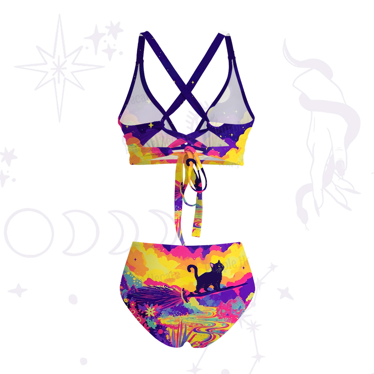 Purplehecate Midnight Cosmic Cat Fantasy Crisscross Tie-Back Bikini Set