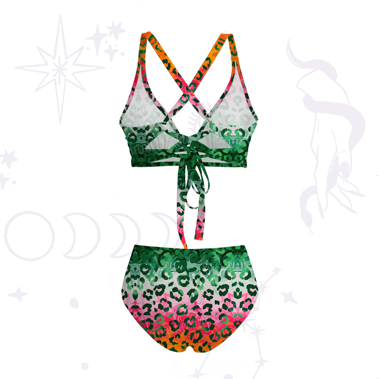 Purplehecate Rainbow Ombre Leopard Crisscross Tie-Back Bikini Set
