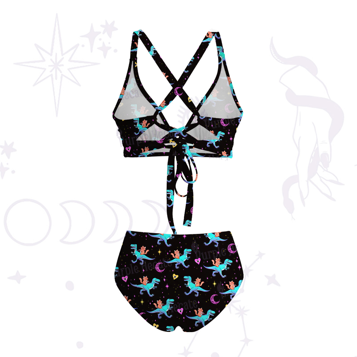 Purplehecate Witch Cat Rides the Dino Crisscross Tie-Back Bikini Set