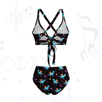Purplehecate Witch Cat Rides the Dino Crisscross Tie-Back Bikini Set