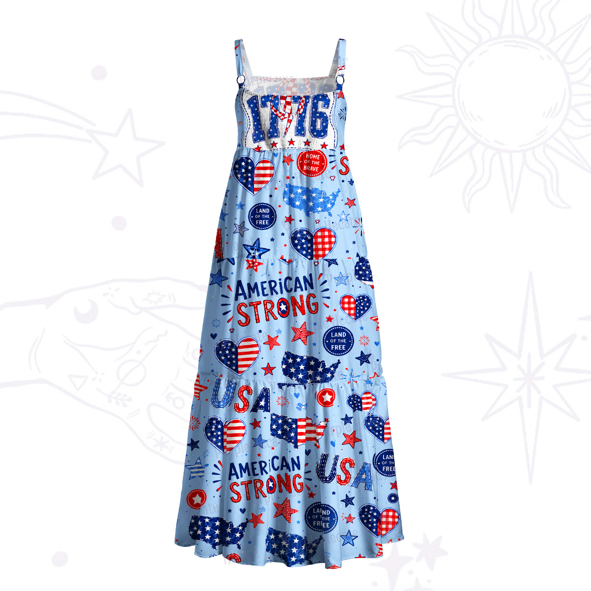 Purplehecate American Strong 1776 Patriotic Wide Straps Maxi Dress
