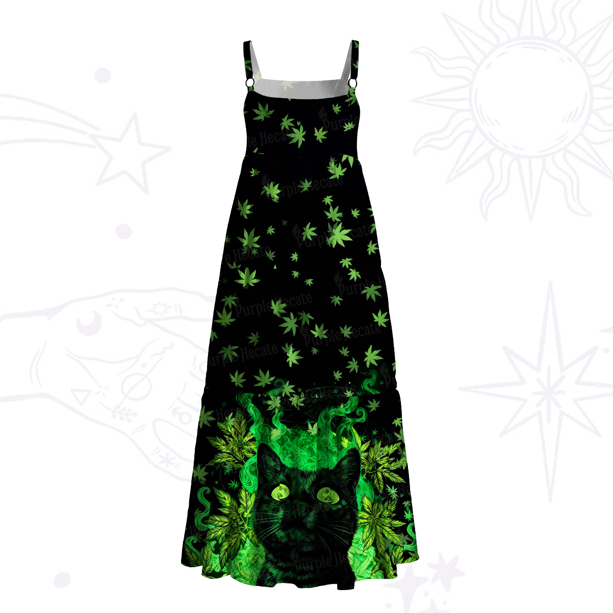 Purplehecate Trippy Glow Cat 420 Vibes Wide Straps Maxi Dress