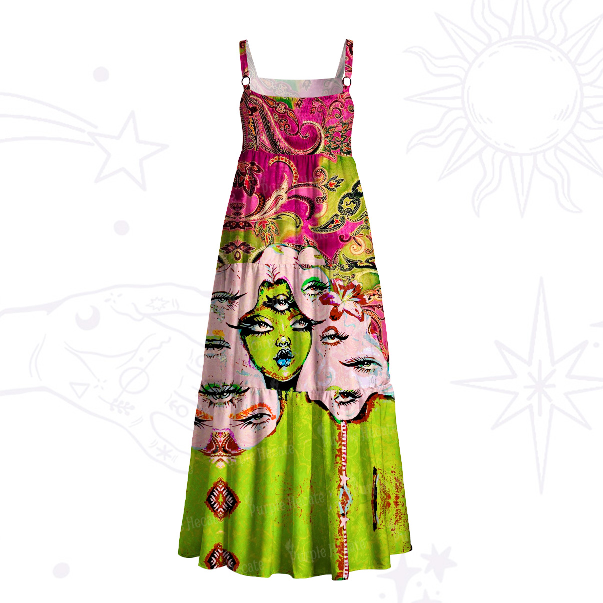 Purplehecate Pop Art Faces & Paisley Wide Straps Maxi Dress