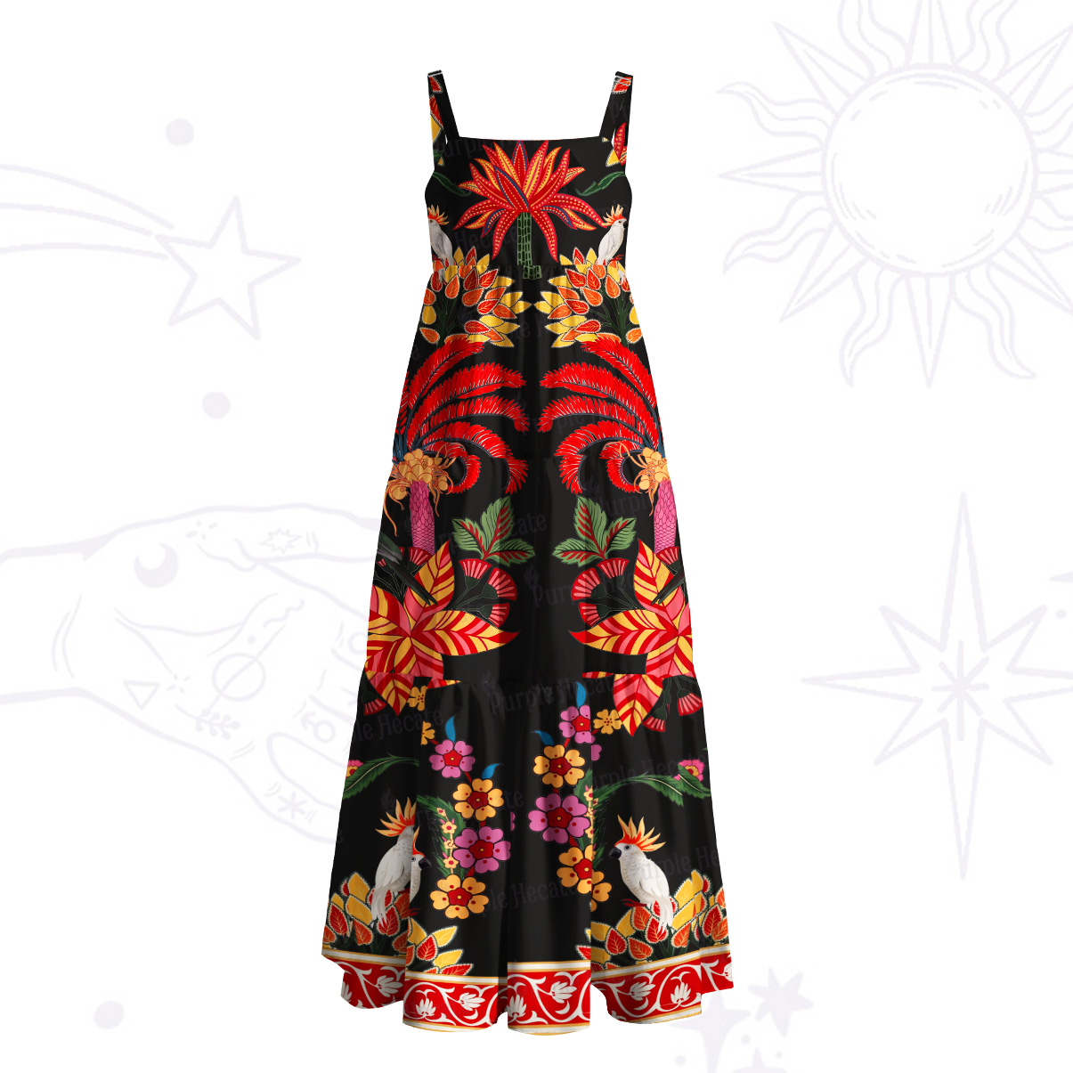 Purplehecate Tropical Bird Paradise Garden Wide Straps Maxi Dress