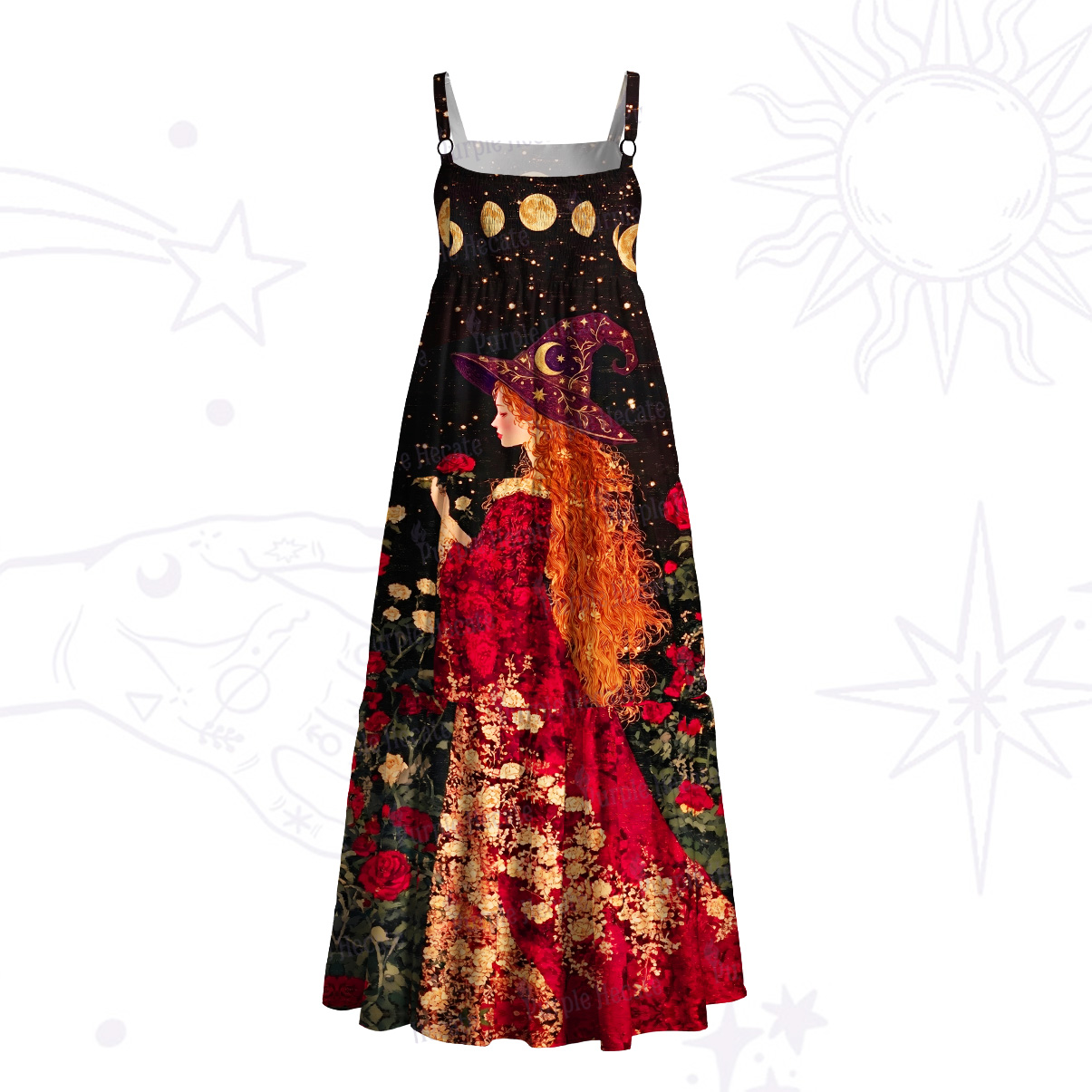 Purplehecate Moon Magic Witchcraft Print Wide Straps Maxi Dress