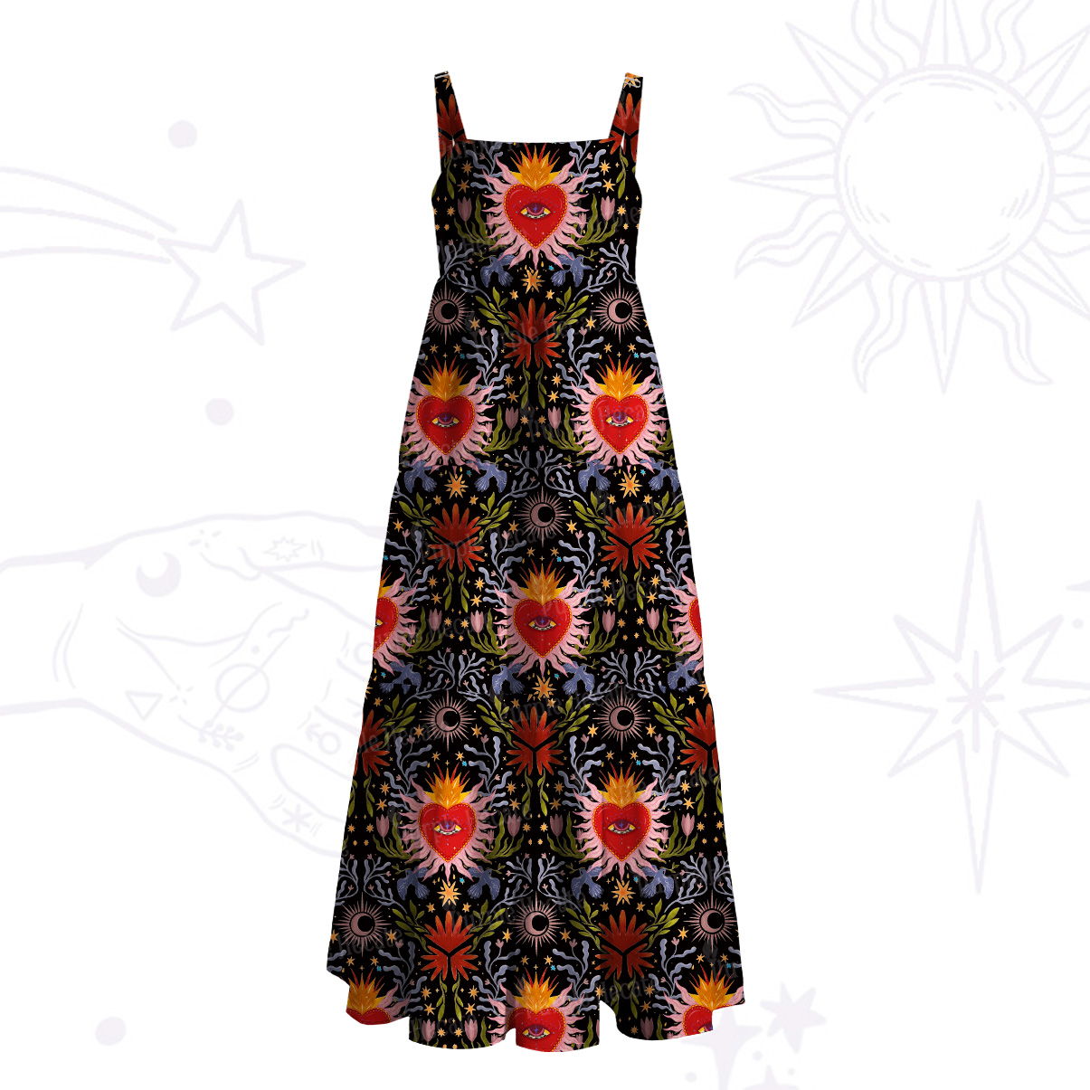Purplehecate Sacred Flame Heart Wide Straps Maxi Dress