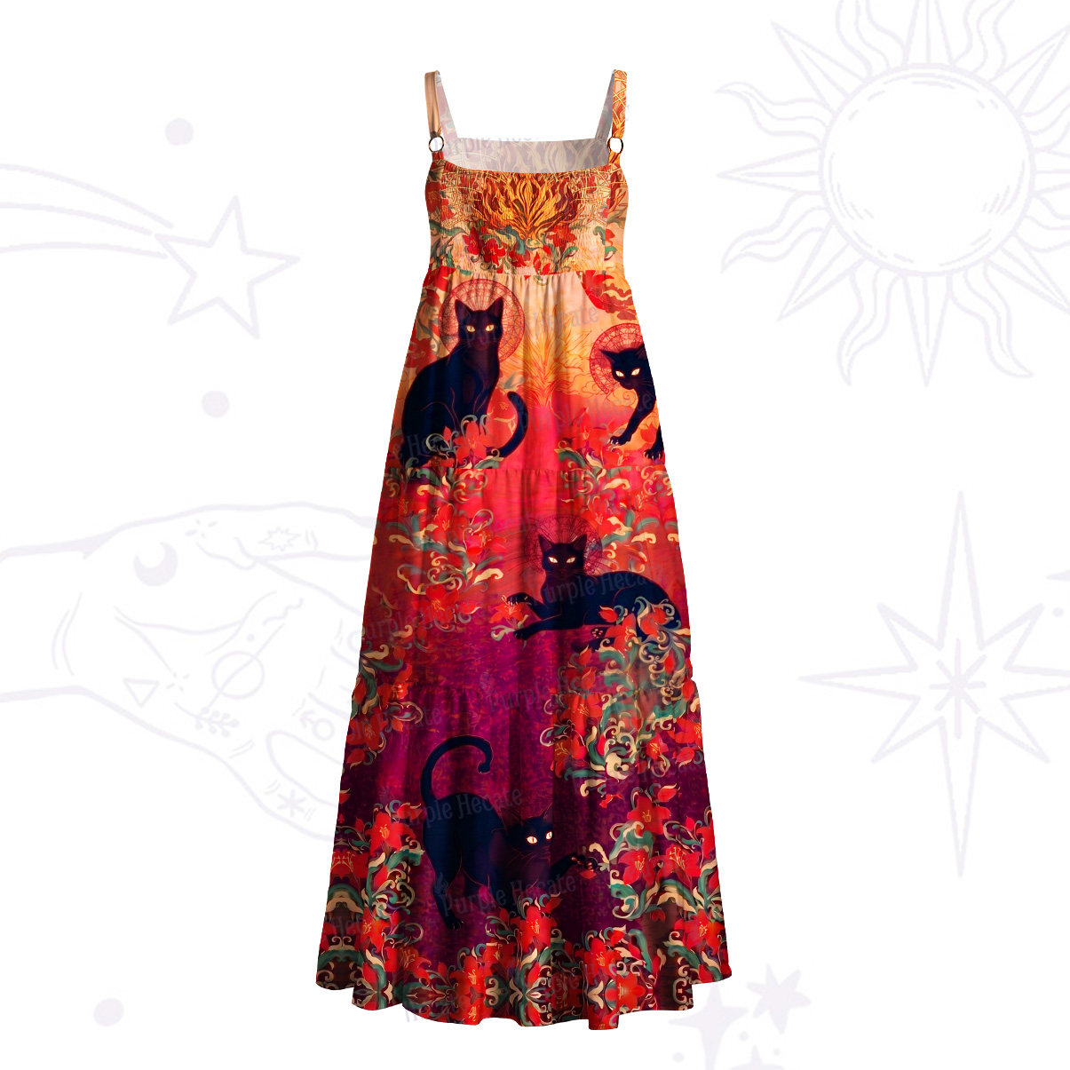 Purplehecate Blazing Jungle Night Cat Wide Straps Maxi Dress