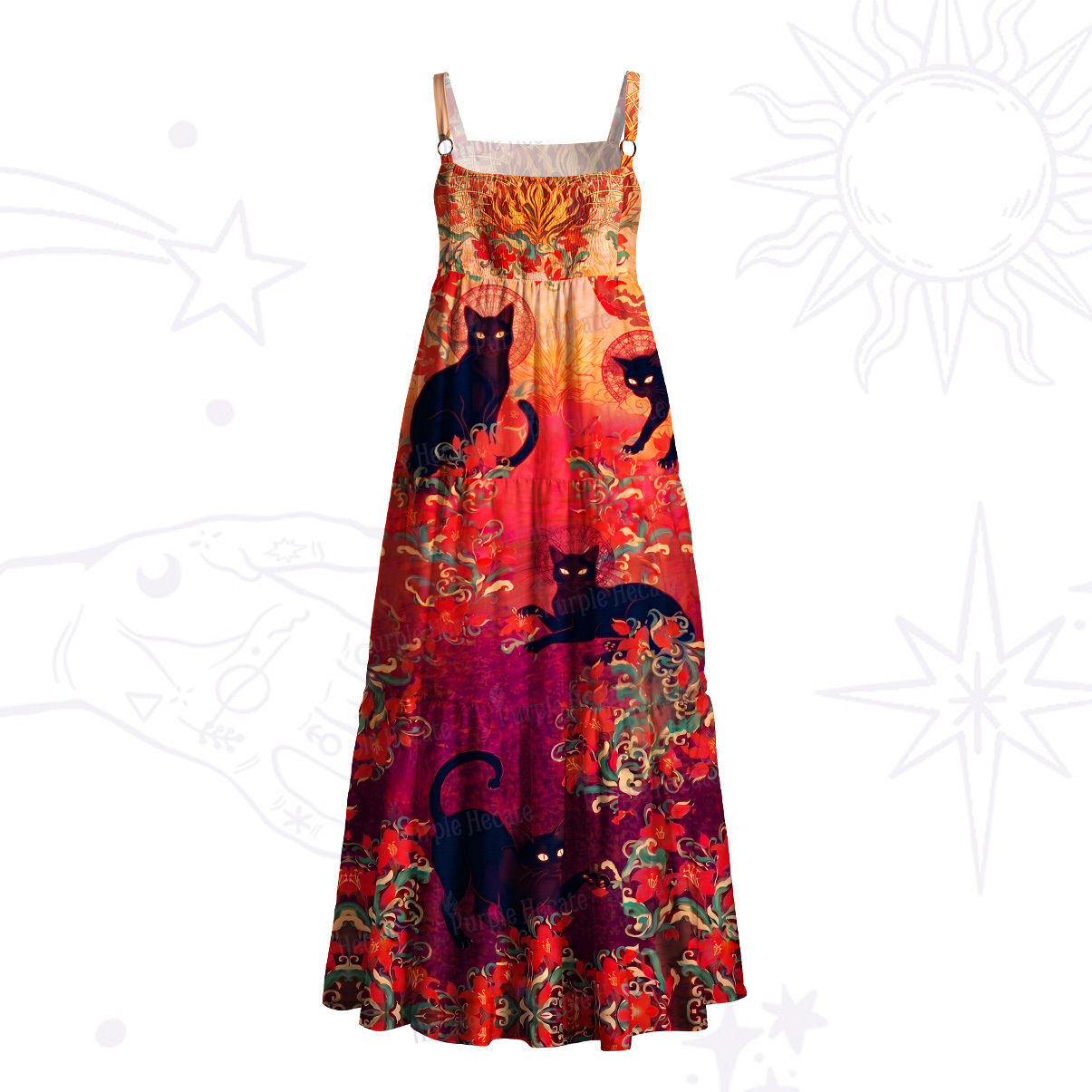 Purplehecate Blazing Jungle Night Cat Wide Straps Maxi Dress