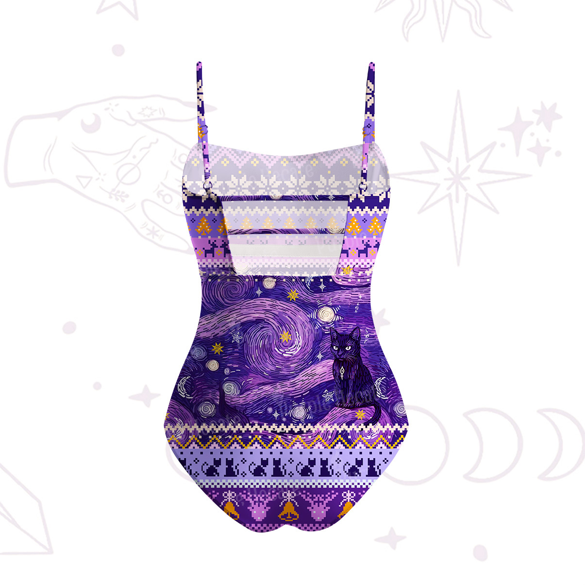 Purplehecate Mystic Cat Beneath the Cosmic Veil Slim-Strap Swimsuit