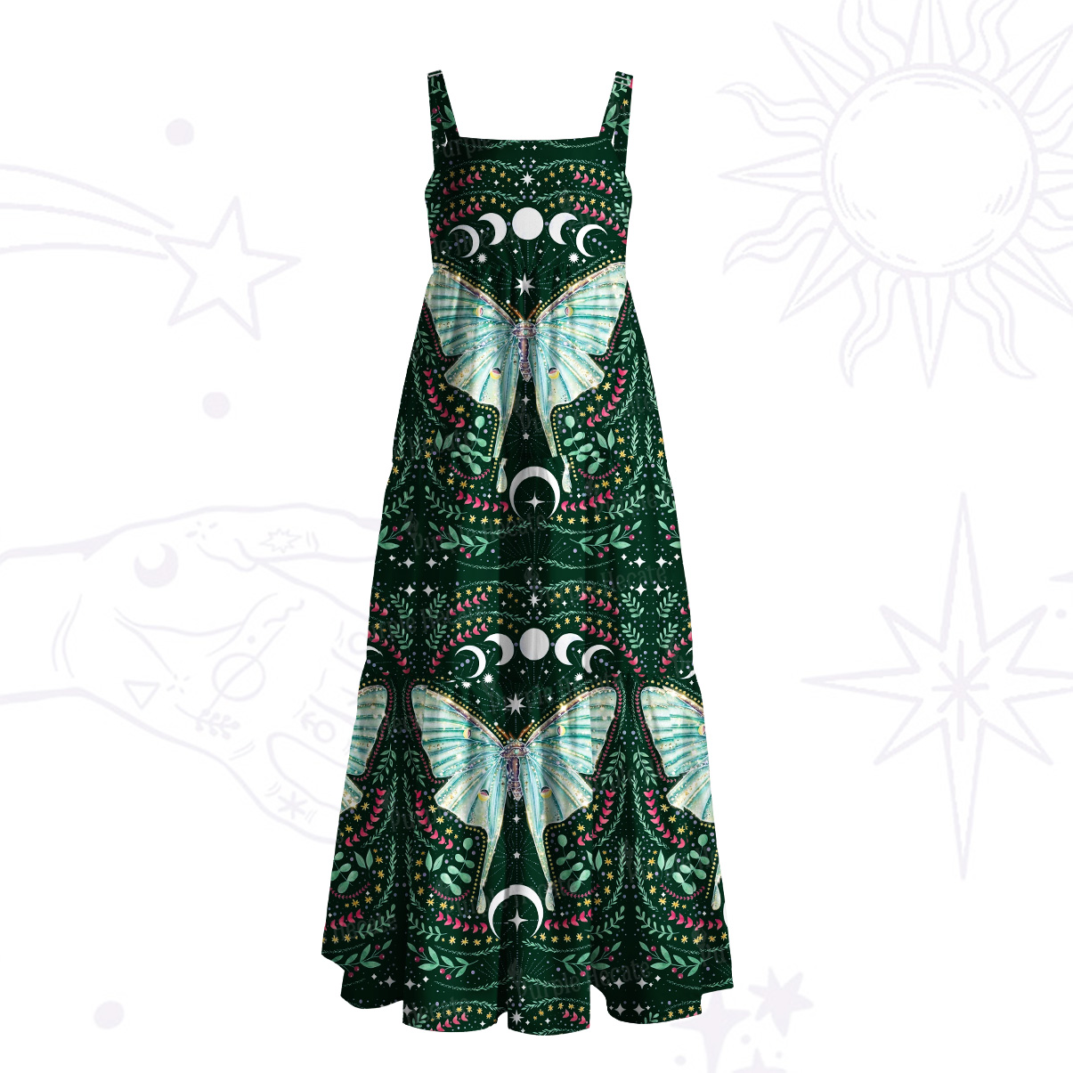 Purplehecate Green Moth Moonspell Wide Straps Maxi Dress