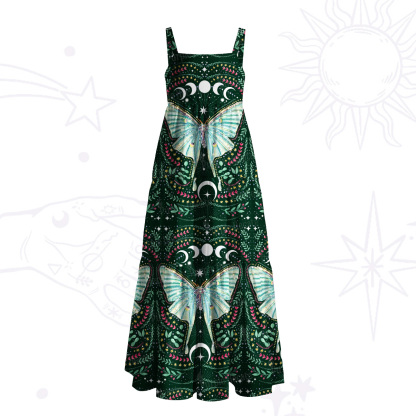 Purplehecate Green Moth Moonspell Wide Straps Maxi Dress