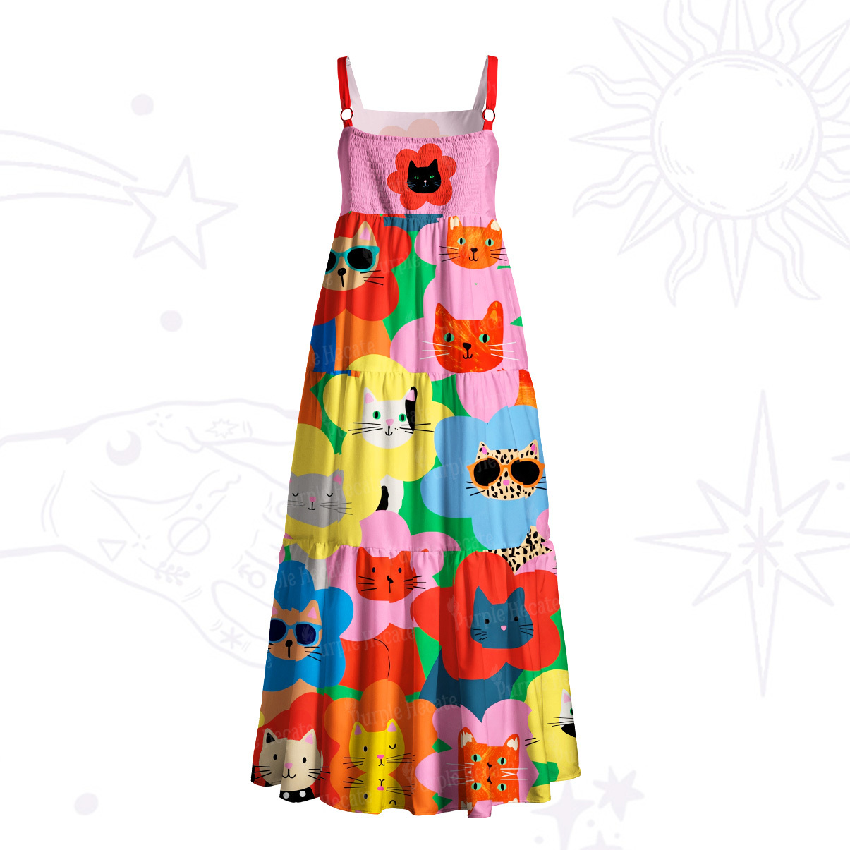 Purplehecate Rainbow Cat Faces Garden Wide Straps Maxi Dress