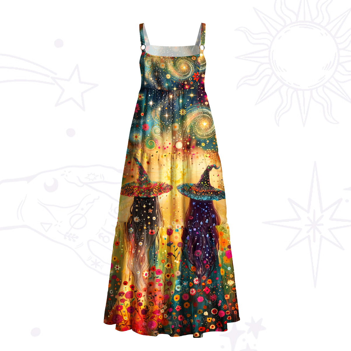 Purplehecate Starlit Flower Field Twin Witches Wide Straps Maxi Dress