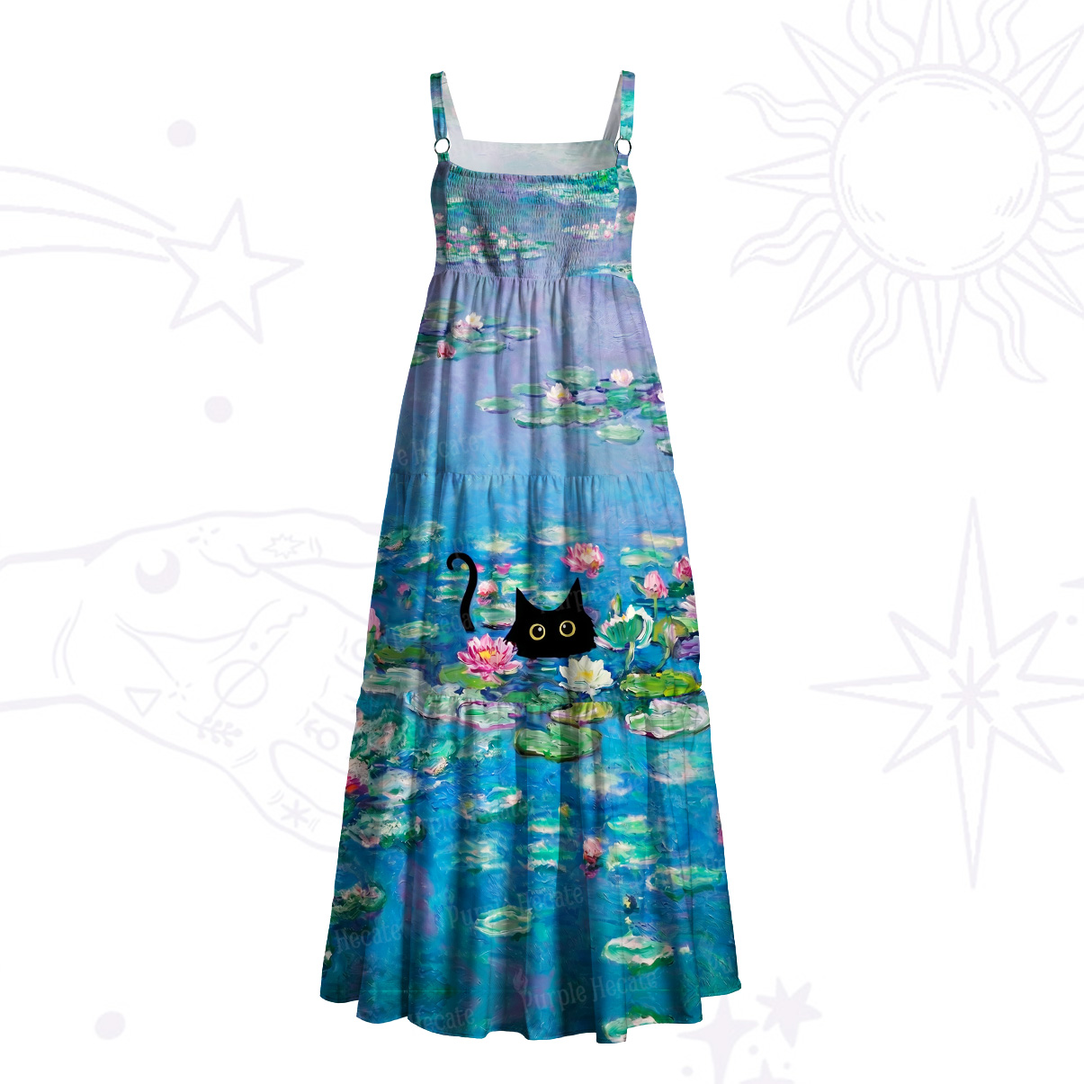 Purplehecate Moonlit Water Lily Mystic Black Cat Wide Straps Maxi Dress