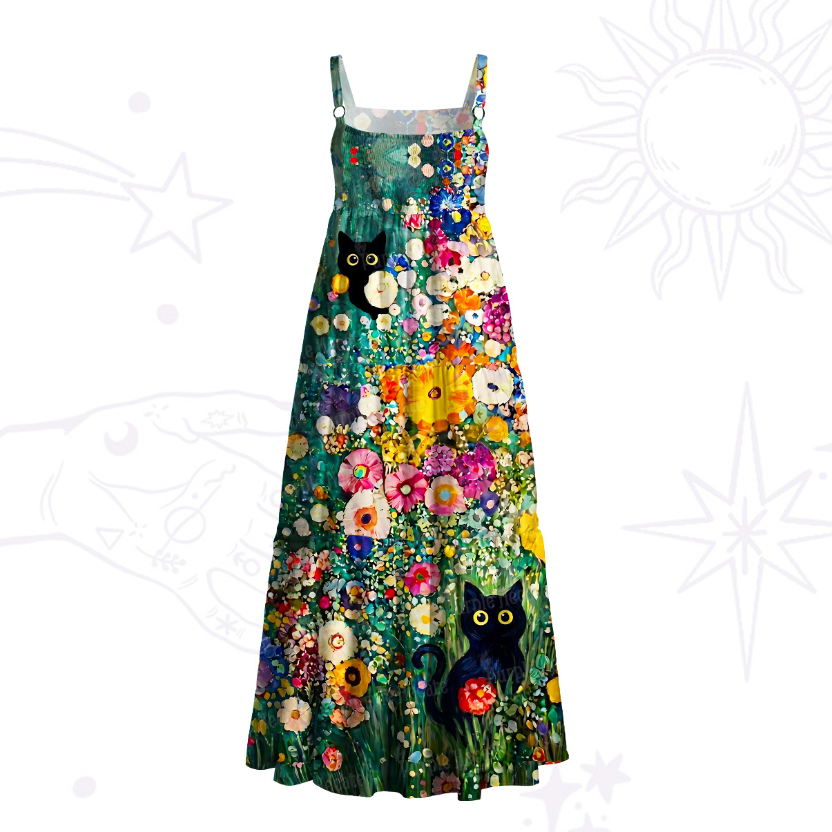 Purplehecate Fluffy Black Cat in Colorful Flower Field Straps Maxi Dress
