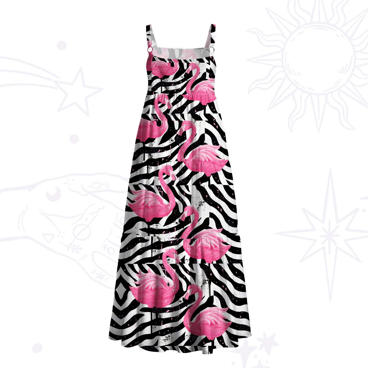 Purplehecate Mystic Pink Flamingo Bird Wide Straps Maxi Dress