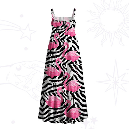 Purplehecate Mystic Pink Flamingo Bird Wide Straps Maxi Dress