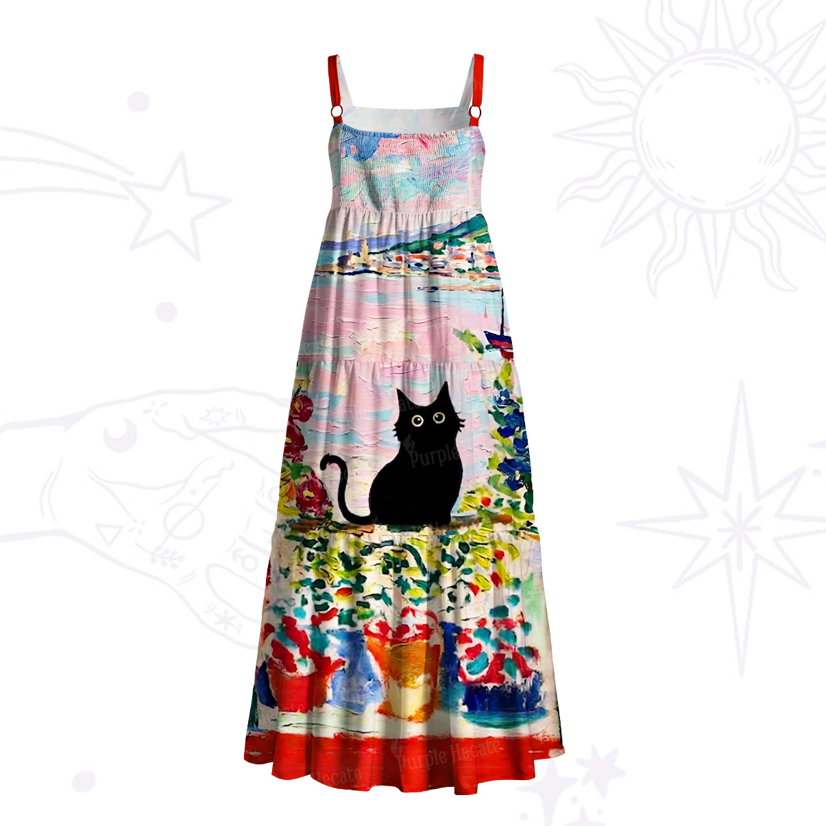 Purplehecate Spring Mystic Black Cat Painting Wide Straps Maxi Dress