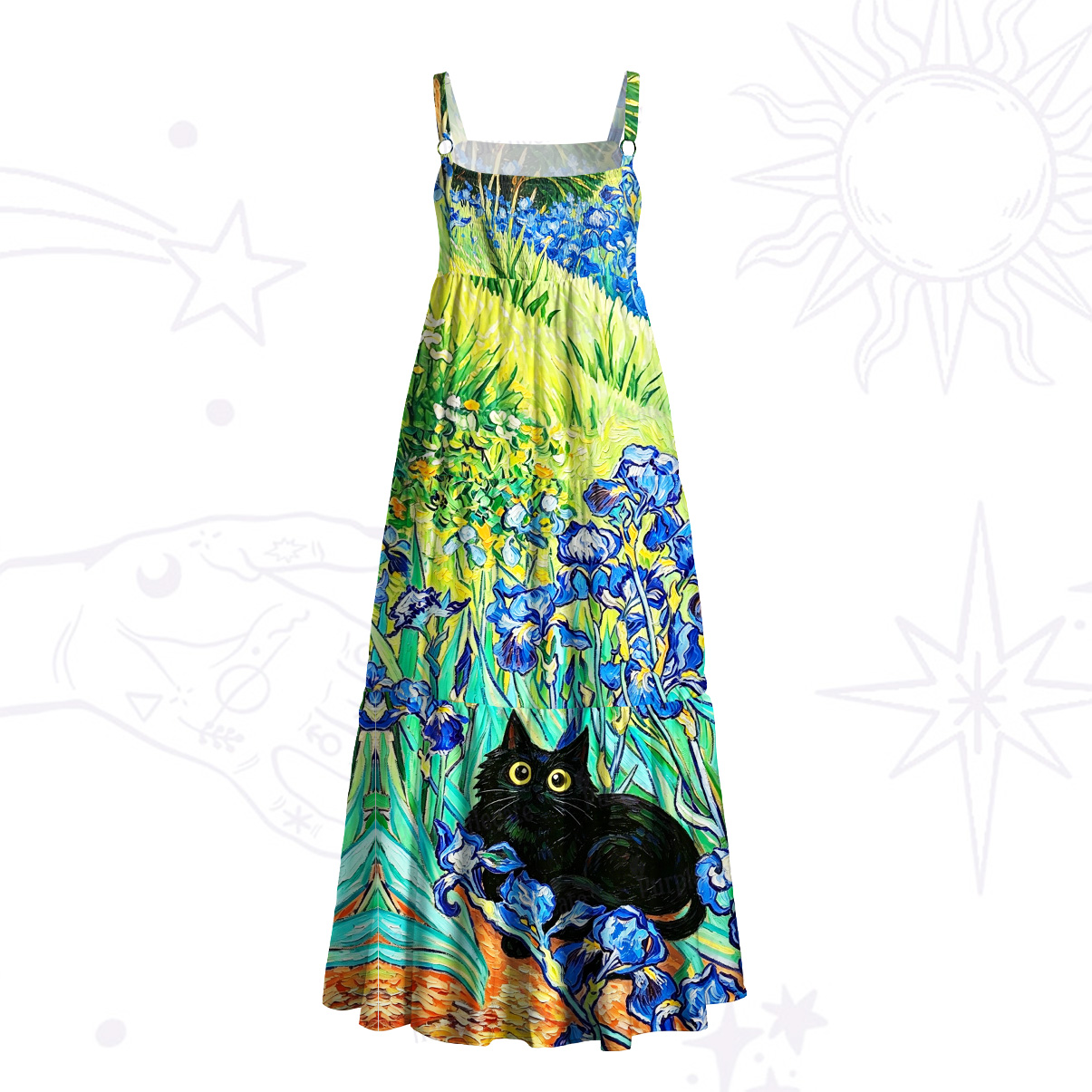 Purplehecate Black Cat in the Mystic Iris Garden Wide Straps Maxi Dress