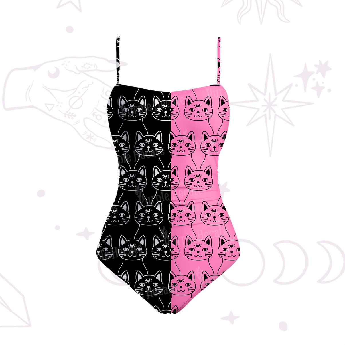 Purplehecate Sketchy Cat Slim-Strap Swimsuit