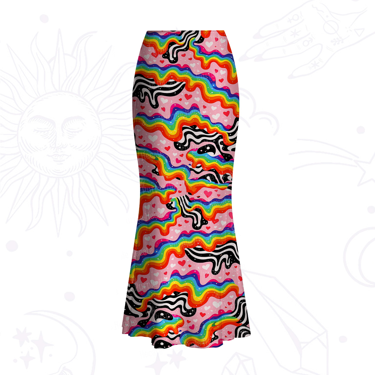 Purplehecate Groovy Melty Rainbow Hearts Wavy Mesh Mermaid Hem Skirt