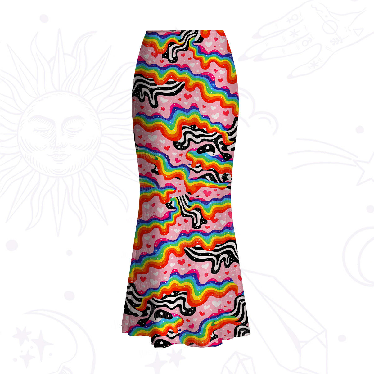 Purplehecate Groovy Melty Rainbow Hearts Wavy Mesh Mermaid Hem Skirt