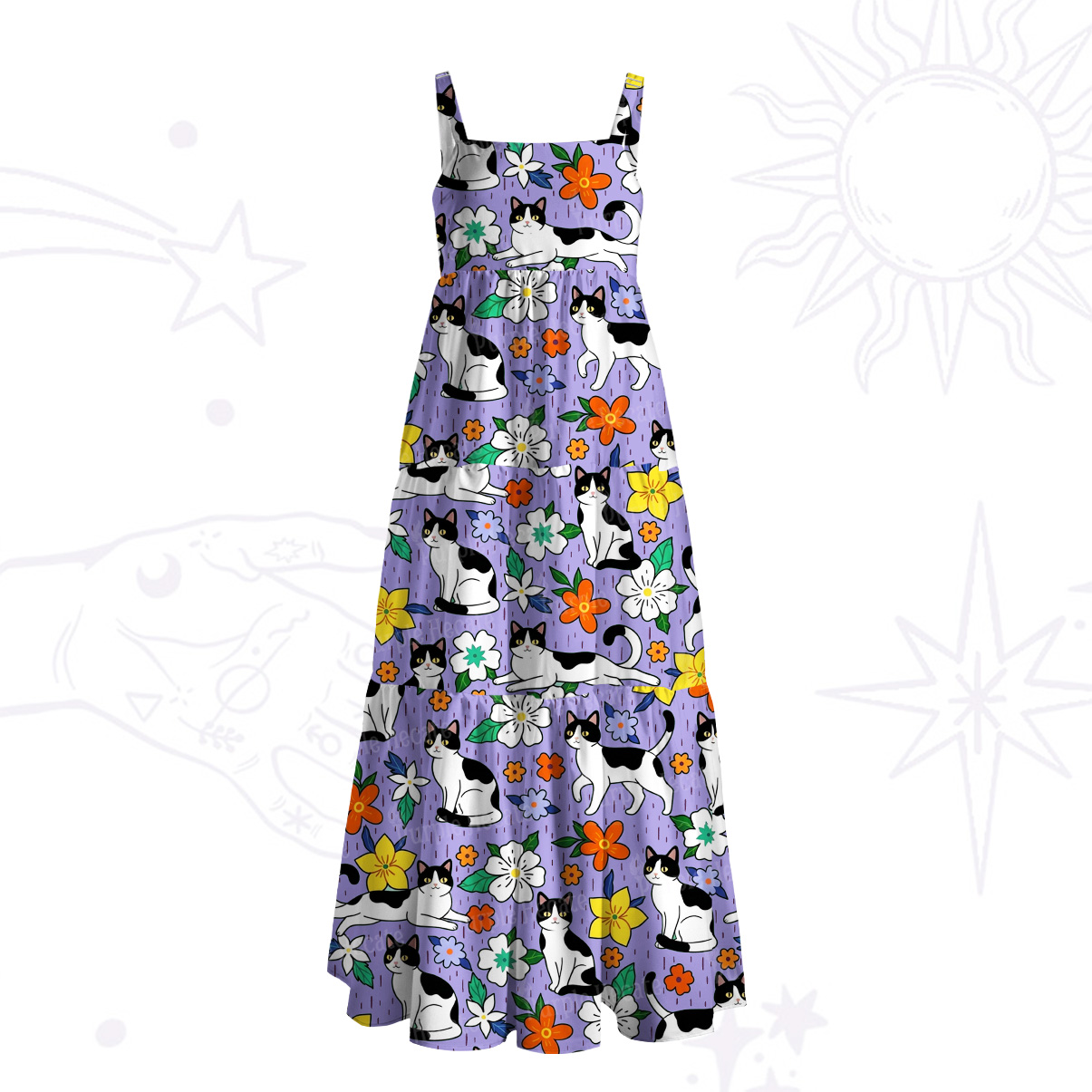 Purplehecate Enchanted Spring Whispering Cat Wide Straps Maxi Dress