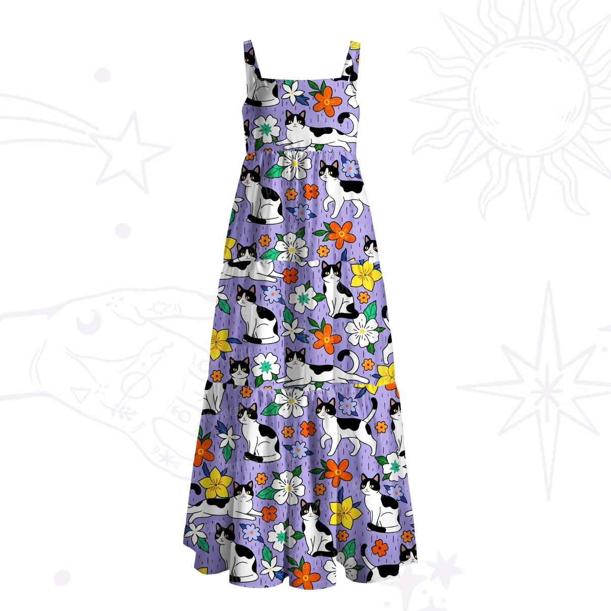 Purplehecate Enchanted Spring Whispering Cat Wide Straps Maxi Dress