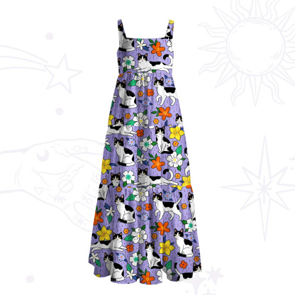 Purplehecate Enchanted Spring Whispering Cat Wide Straps Maxi Dress