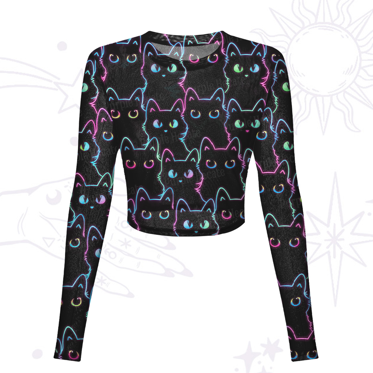 Purplehecate Neon Glow Stacked Cats Mesh Long Sleeve Crop Top