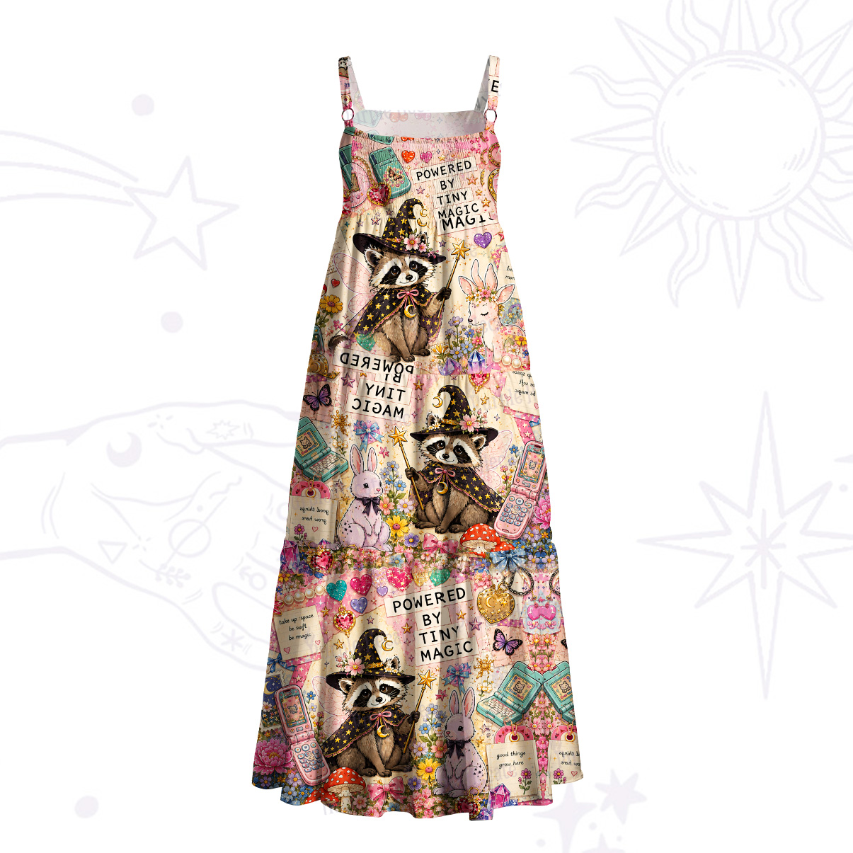 Purplehecate Tiny Magic Raccoon Witch Wide Straps Maxi Dress
