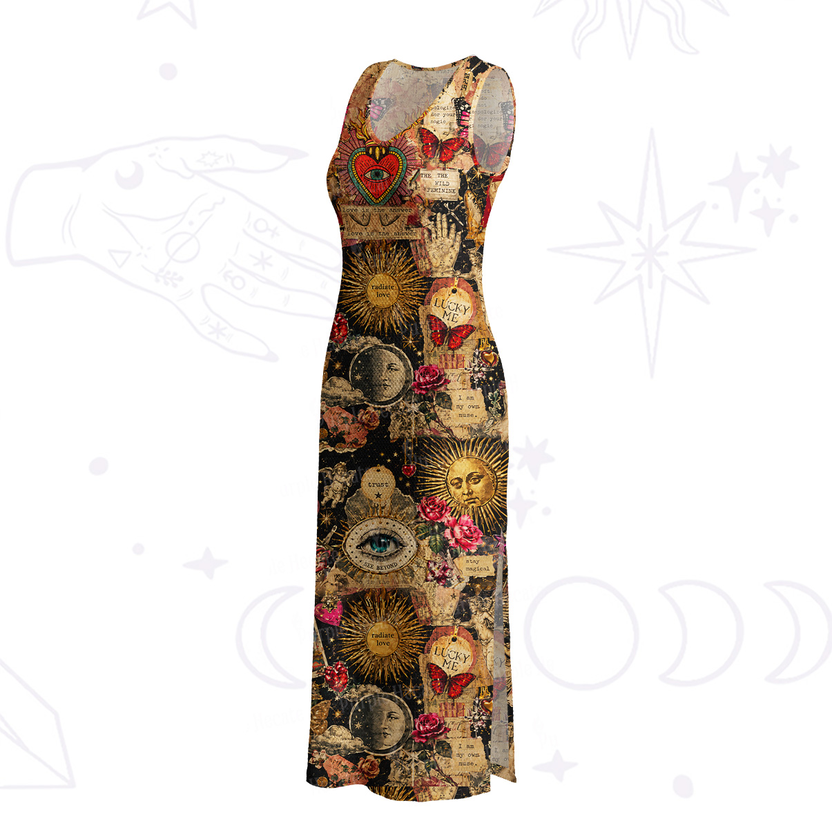 Purplehecate Vintage Celestial Witch Moon Collage Crochet Knit Maxi Dress