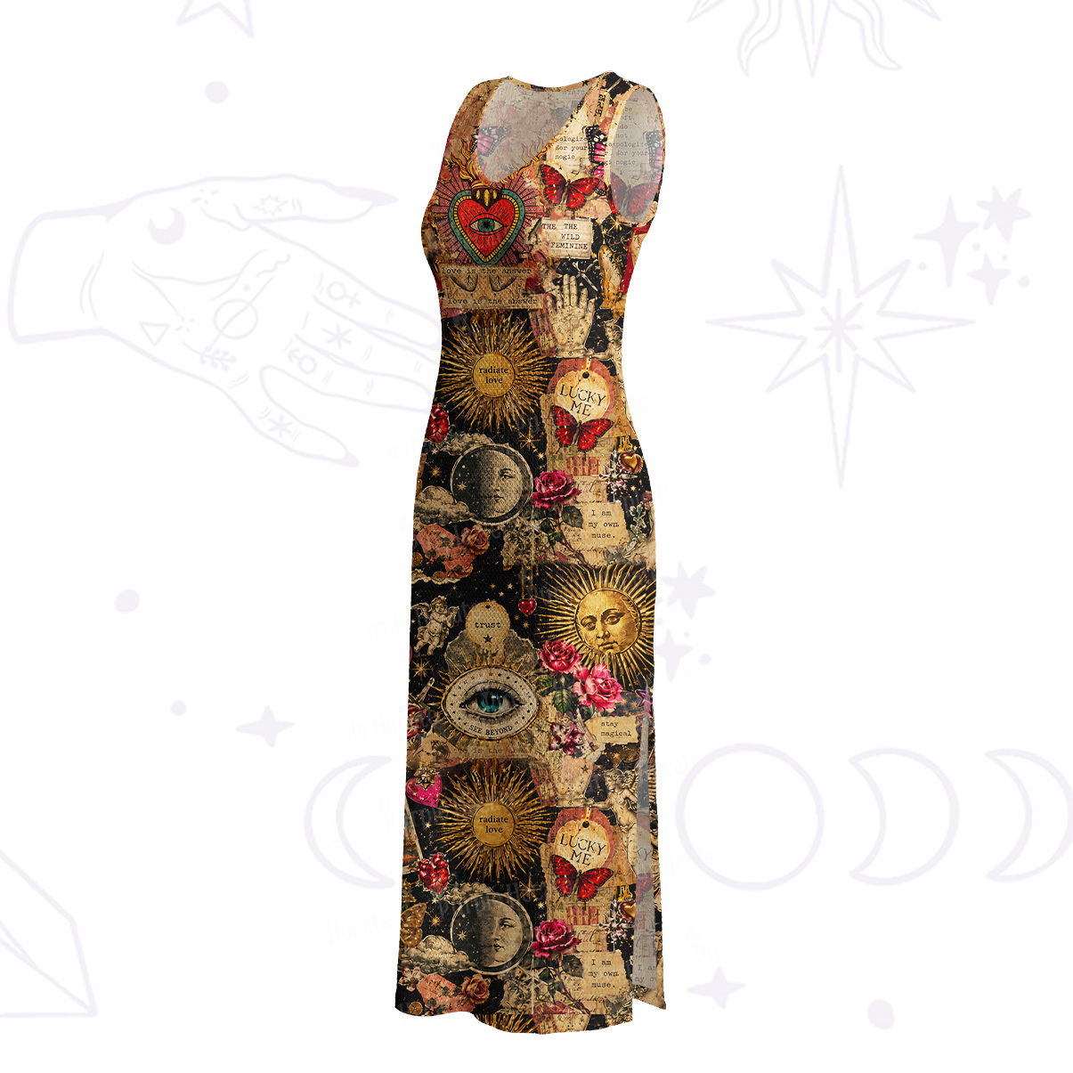 Purplehecate Vintage Celestial Witch Moon Collage Crochet Knit Maxi Dress